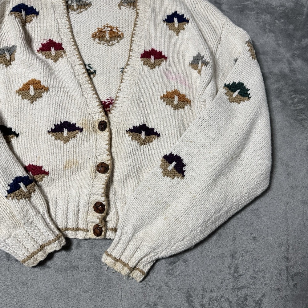 VTG Liz Sport Hand Knitted Ivory Mushroom Cardigan Sweater Women Medium Flaws - Picture 4 of 8